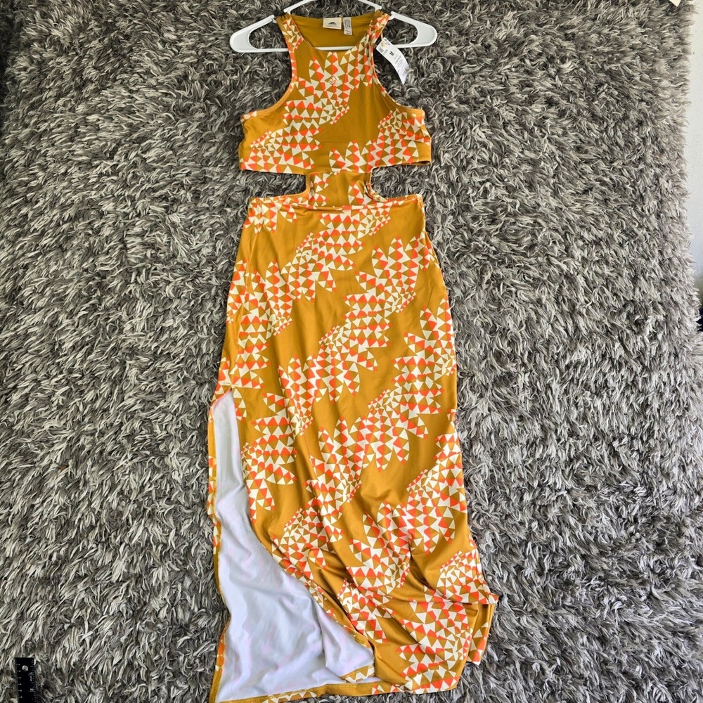 Adidas Farm Rio Size M Psychedelic Cutout Maxi Dress Victory Gold IT7264
